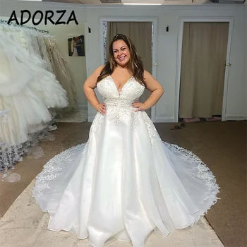 Свадебное Платье ADORZA Плюс Размер Кружевные Аппликации Атласное Свадебное Платье На Бретельках С Открытой Спиной Придворный Шлейф Vestido De Noiva для Невесты