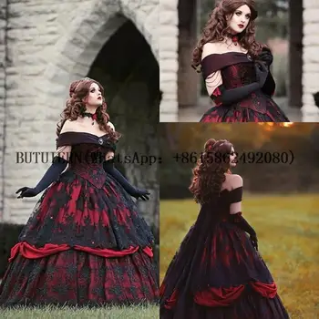 Свадебное платье из красного и черного кружева Gothic Belle, Винтажный корсет на шнуровке, Многоуровневая красота без бретелек, свадебное платье большого размера с открытыми плечами
