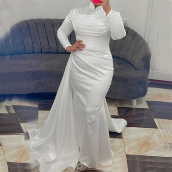 Свадебные платья белой русалки для невесты со стоячим воротником и длинным рукавом, атласные мусульманские свадебные платья robes de mariee на заказ