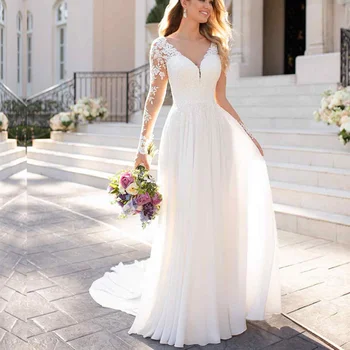 Свадебные платья с V-образным вырезом и длинными рукавами, открытая спина, белое кружевное свадебное платье с аппликацией для свадебной вечеринки в стиле Кантри, Vestido De Novia, трапециевидной формы