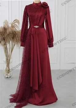 Сексуальный Арабский кафтан с длинным рукавом, расшитый бисером, Мусульманские вечерние платья с высоким воротом, Атласное вечернее платье исламской формы