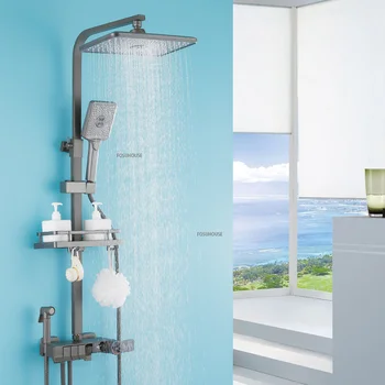 серый Термостатический цифровой дисплей смеситель для ванной комнаты, набор для душа, Настенная душевая система, ванна, спрей для тропического душа с полкой