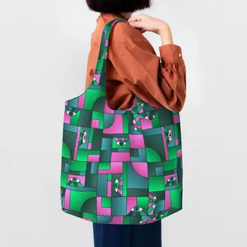 Симпатичные печатные цветные блоки Bauhaus Геометрическая линия Современные сумки-тоут для покупок Многоразовые Холщовые Минималистичные сумки через плечо