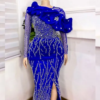 Скромные вечерние платья русалки королевского синего цвета для женщин, расшитое бисером платье для выпускного вечера с пайетками, вечернее платье Aso Ebi с длинными рукавами