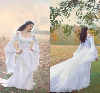 Фантазийные свадебные платья с открытыми плечами, сказочные средневековые свадебные платья на шнуровке, расклешенные длинные рукава, готические кружевные платья для невесты на шнуровке