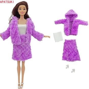 Фиолетовое меховое пальто и юбки, белые топы, сандалии для куклы Барби, комплект модной одежды для куклы Барби 1/6, аксессуары, игрушки