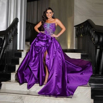 Фиолетовые женские вечерние платья трапециевидной формы, платья для выпускного вечера принцессы, Атласные плиссированные сверкающие кружева, сексуальный халат без рукавов с высоким разрезом сбоку 2023 года выпуска