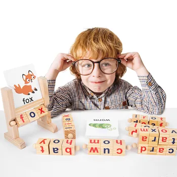 Фонетические блоки для чтения Монтессори, развивающая игрушка для изучения правописания основных слов и гласных букв, вращающийся куб, Деревянная детская игрушка