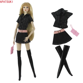 Черный комплект модной одежды для кукол Барби, рубашка в полоску, короткие юбки, чулки, сумочка для аксессуаров для куклы 1/6 BJD, детская игрушка 
