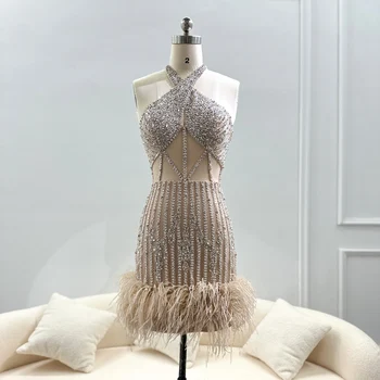 Шарон Саид Роскошное вечернее платье цвета шампанского с перьями для женщины, свадебная вечеринка, короткое мини-арабское длинное вечернее платье для выпускного вечера SS172