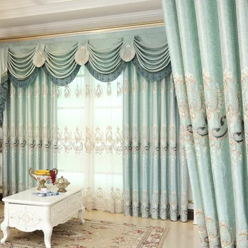 Шторы в европейском стиле для гостиной Голубые Бежевые шторы с жаккардовой вышивкой, затемненные шторы с вышитым тюлевым балдахином
