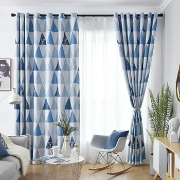 Шторы в современном минималистичном стиле для гостиной, столовой, спальни, занавески на окно из синего полиэстера с крупным треугольным рисунком
