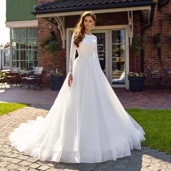 Элегантное богемное свадебное платье трапециевидной формы 2023 года для женщин, длинные рукава, кружевные аппликации, свадебные платья с круглым вырезом, винтажное Vestido De Novia