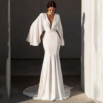 Элегантные свадебные платья Русалки 2024 Белое платье невесты с V-образным вырезом Vestido de Noiva Sereia с рукавами 